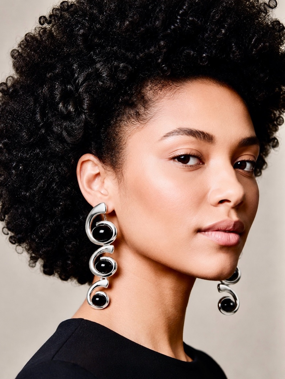 Modern Silver Spiral Statement Earrings | Black Oval Acrylic Geometric Drop